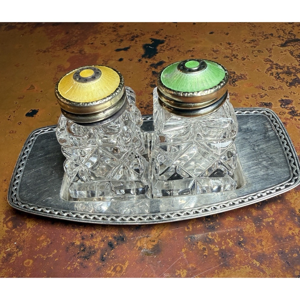 Vintage David Anderson Cut Glass Guilloche Salt and Pepper Shaker Set with Tray
